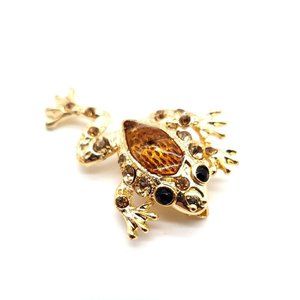 Tree Frog Brooch Womens Marked HT Gold Color Metal Rhinestone Mom Gift Jewlry